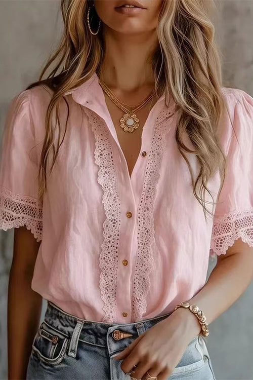 Karleedress Lapel Short Sleeves Button Up Lace Trim Top