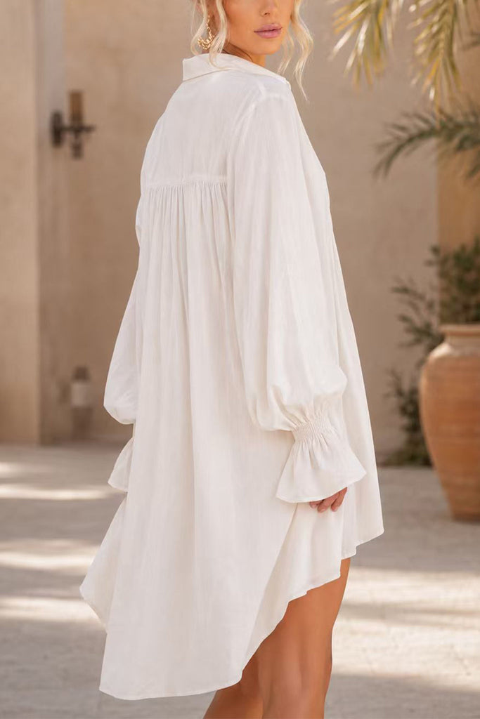 Karleedress Lapel Bell Long Sleeves High Low Hem Shirt Dress