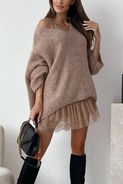 Karleedress V Neck Drop Shoulder Slouchy Pullover Sweater