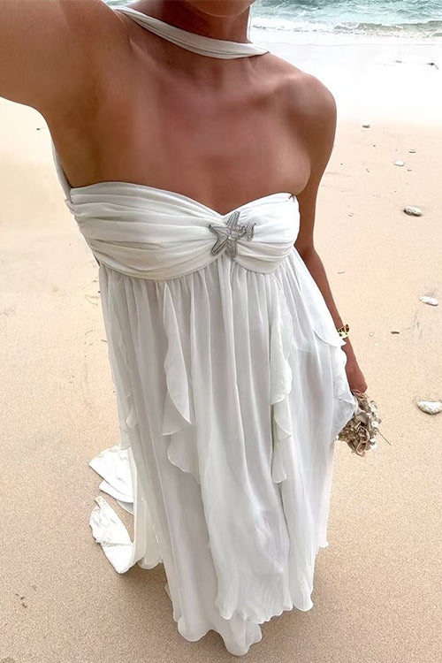 Karleedress Sleeveless Open Back Ruffle Trim Slit Maxi Dress
