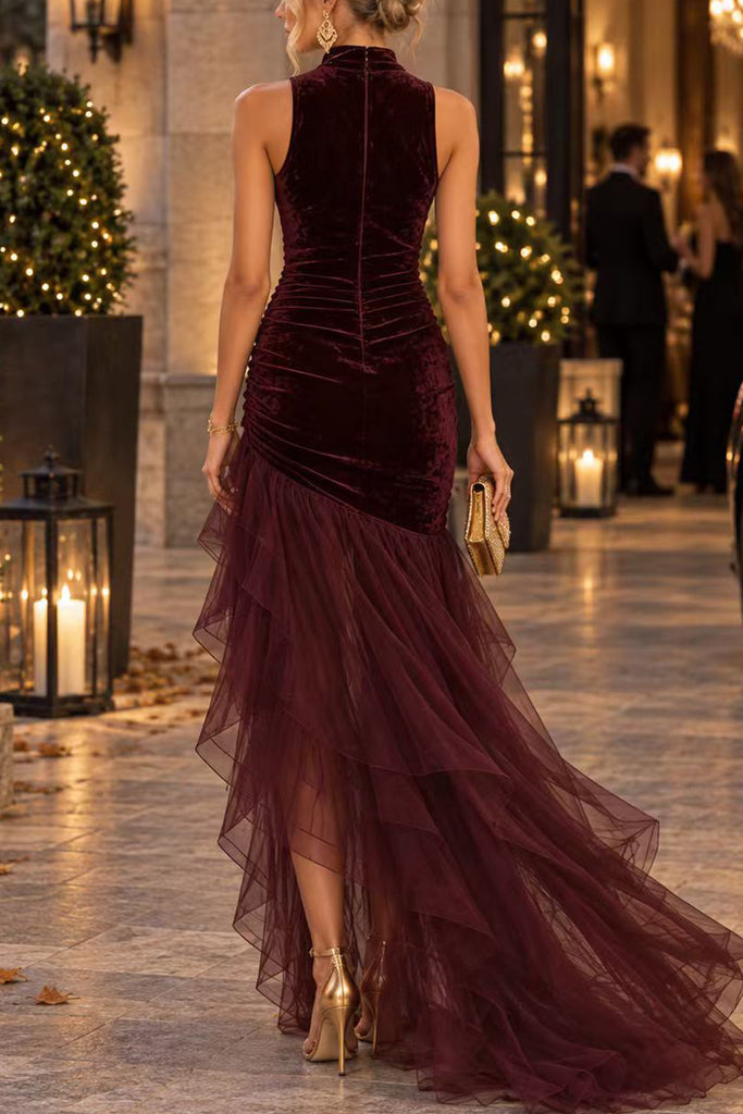 Karleedress Mock Neck Ruched Velvet & Tulle High-Low Maxi Dress