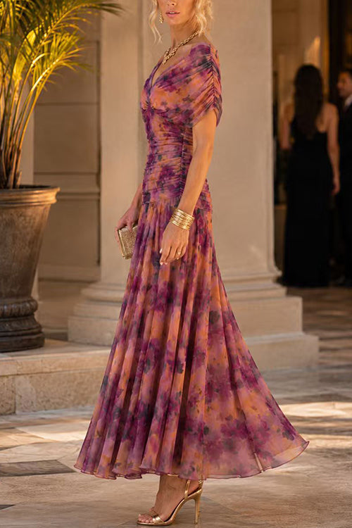 Karleedress V Neck Short Sleeves Floral Print Maxi Dress