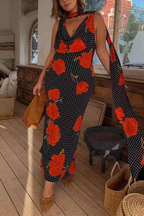 Karleedress Cowl Neck Backless Floral Print Maxi Dress with Scarf