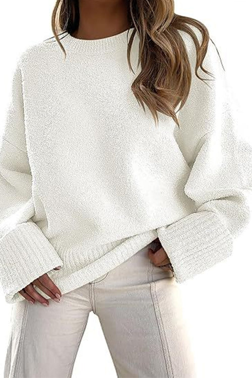 Karleedress Crewneck Drop Shoulder Solid Knitted Pullover Sweater