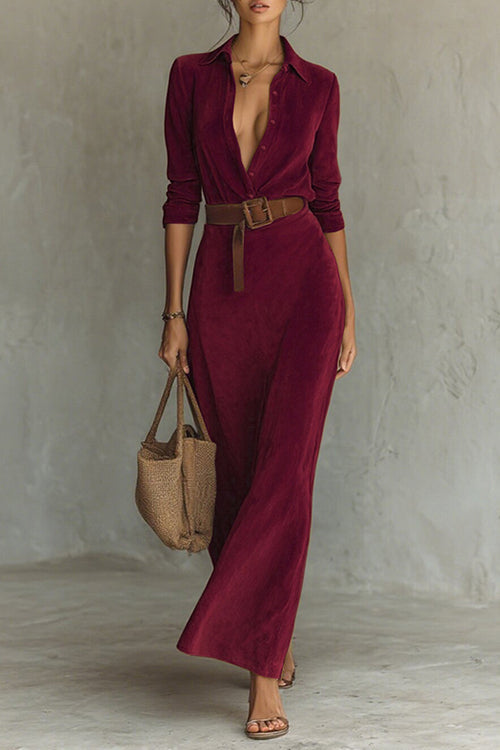 Karleedress Long Sleeves Button Up Faux Suede Belted Maxi Dress