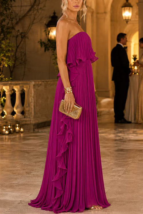 Karleedress Strapless Tube Ruffle Hem Pleated Maxi Dress