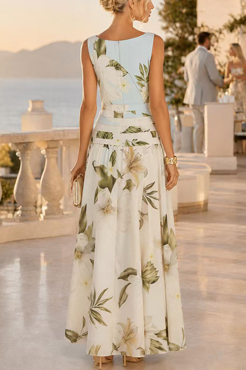 Karleedress Boat Neck Sleeveless Floral Print A-line Maxi Dress