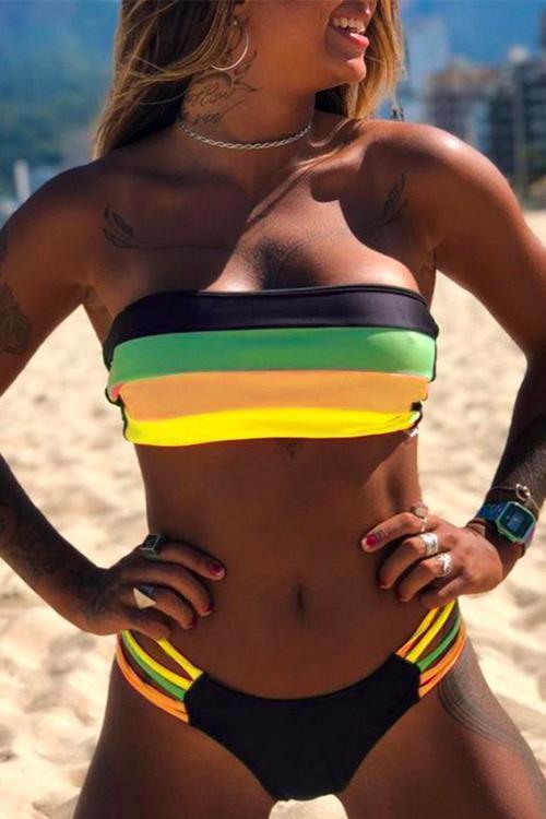Karleedress Rainbow Striped Tube Top Bandeau Bikini Set