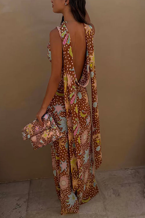 Karleedress Cowl Neck Open Back Printed Maxi Dress with Scarf
