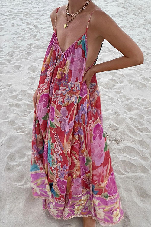 Karleedress V Neck Spaghetti Strap Backless Floral Print Maxi Vacation Dress