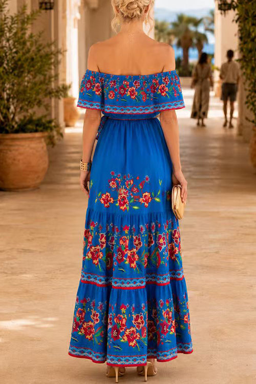 Karleedress Off Shoulder Bow Waist Floral Print Ruffle Maxi Dress