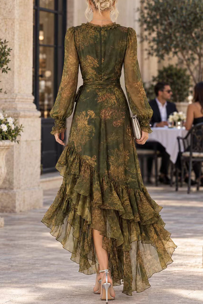 Karleedress V Neck Long Sleeves Printed Wraped Ruffle Maxi Dress