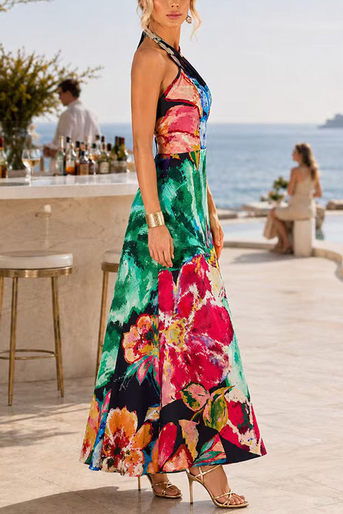 Halter Neck Abstract Floral Print Maxi Dress