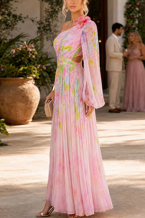 One Shoulder Puff Long Sleeve Cut Out Waist Printed Maxi Dress
