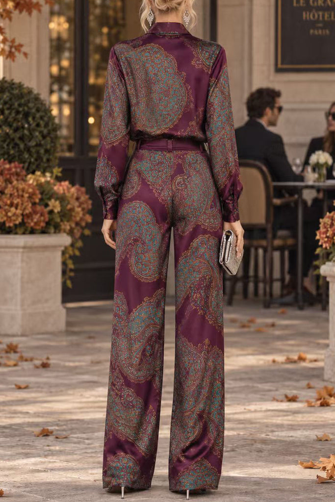 Karleedress Lapel Long Sleeves Shirt High Rise Pocketed Straight Leg Pants Paisley Print Set (B)
