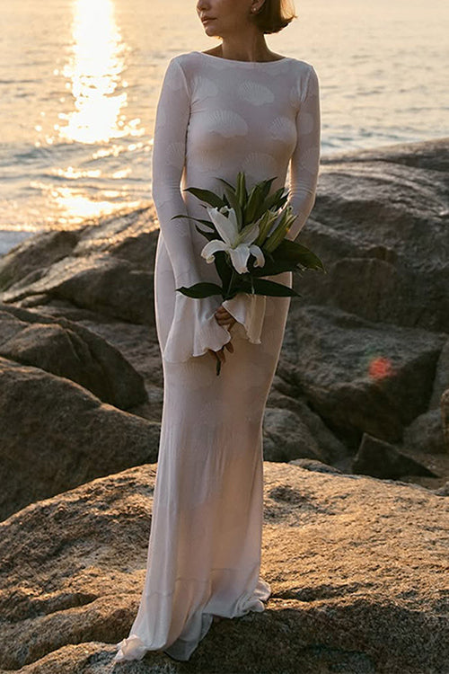 Karleedress Bell Long Sleeves Backless Lace-up Shell Print Maxi Dress