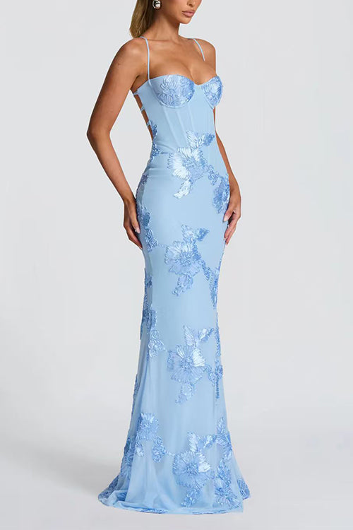 Karleedress Backless Lace-up Corset Flower Embroidery Maxi Cami Dress