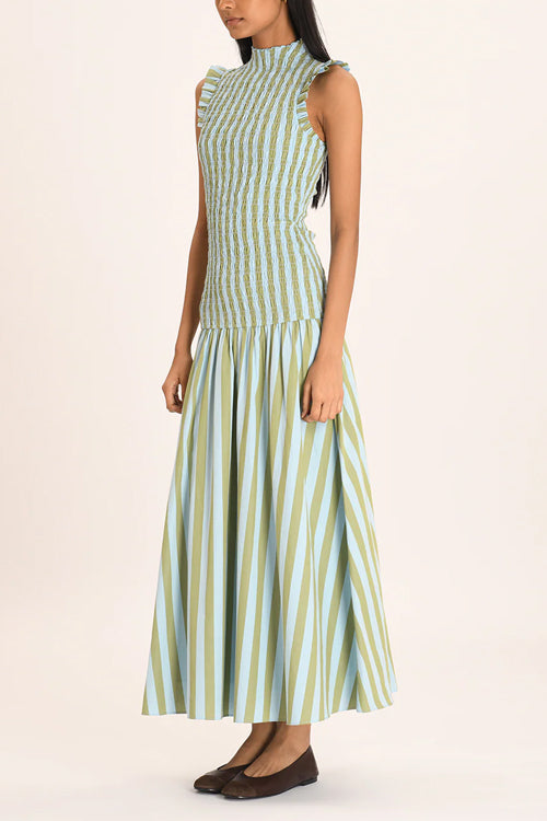 High Neck Sleeveless Smocked Bodice Striped Midi Dress