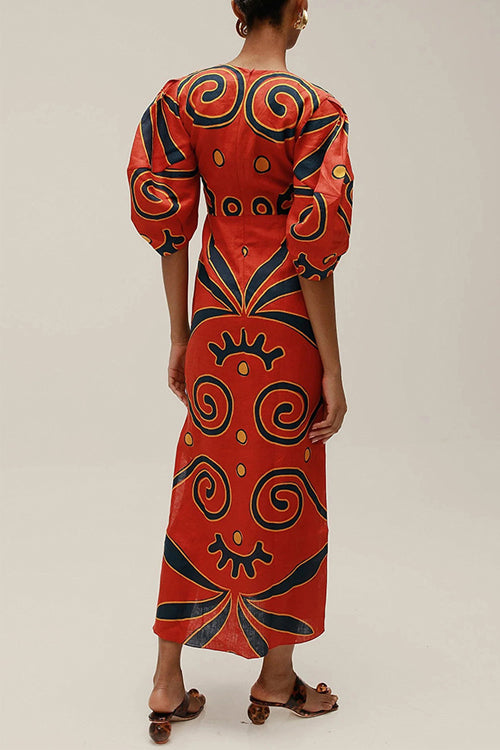 Karleedress Knot Front Cut Out Puff Sleeves Side Slit Printed Midi Dress