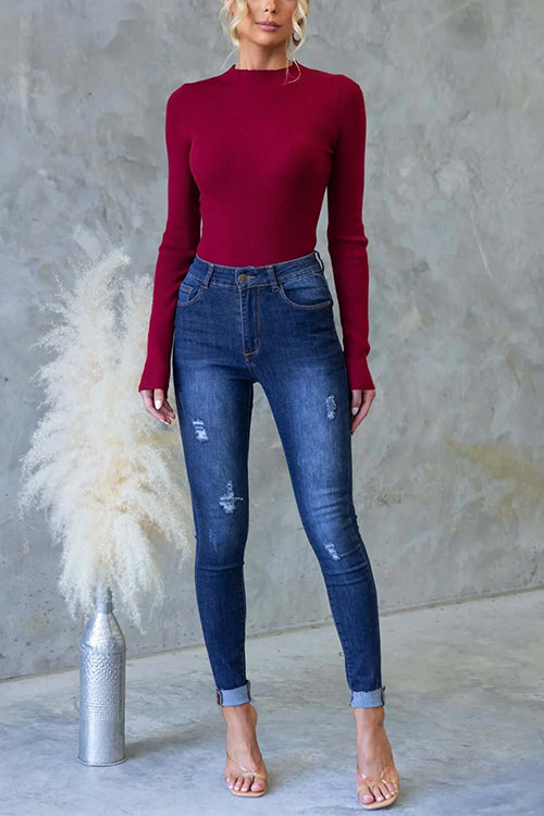 Karleedress Long Sleeves Solid Ribbed Knit Top