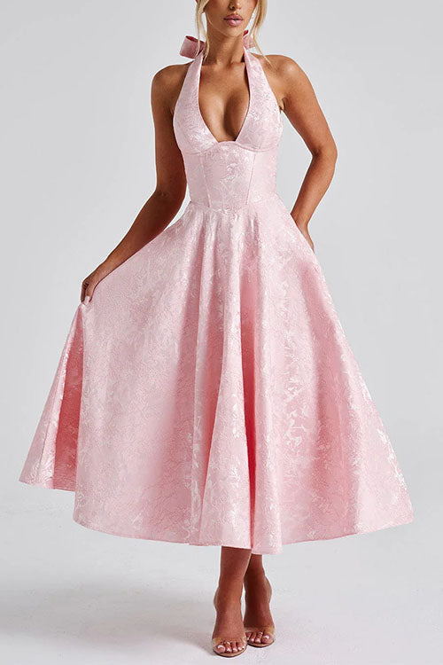 Karleedress Halter V Neck Waisted Jacquard Swing Midi Party Dress