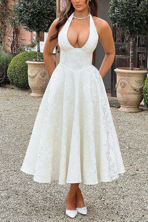 Karleedress Halter V Neck Waisted Jacquard Swing Midi Party Dress