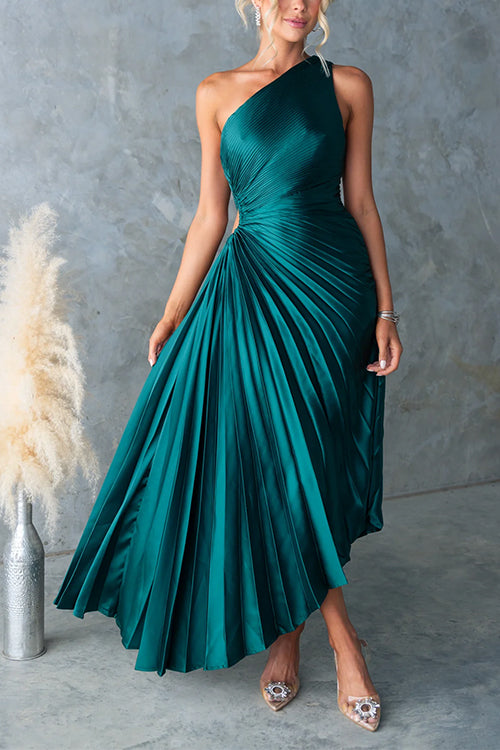 Karleedress One Shoulder Cut Out Waist Pleated Satin Maxi Dress