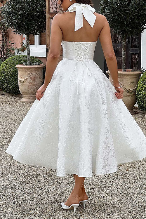 Karleedress Halter V Neck Waisted Jacquard Swing Midi Party Dress