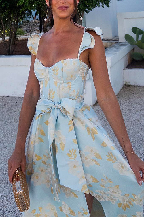 Karleedress Ruffled Shoulder Bow Knot Waist Slit Printed Vintage Party Dress