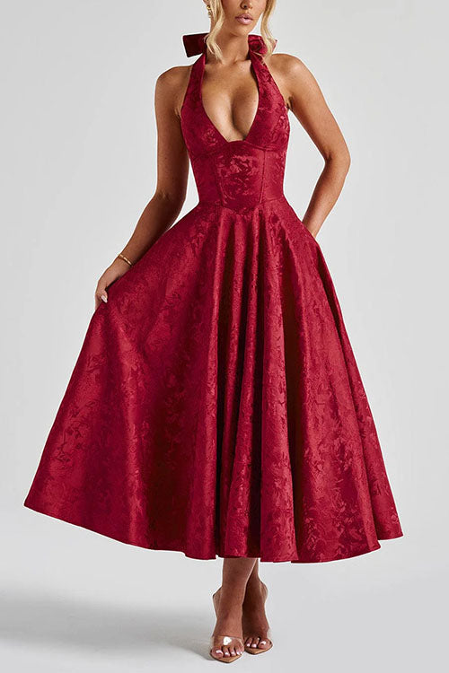 Karleedress Halter V Neck Waisted Jacquard Swing Midi Party Dress