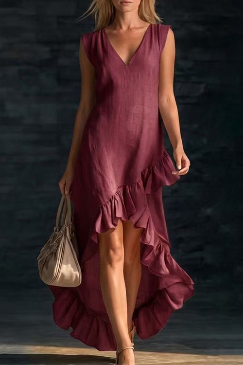 Karleedress V Neck Sleeveless High Low Hem Ruffle Maxi Dress