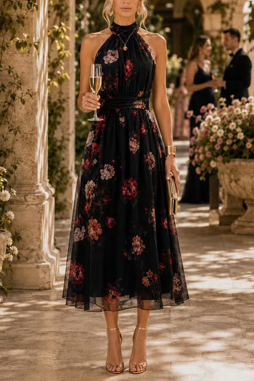 Karleedress Sleeveless High Waist Floral Print Flowy Midi Dress