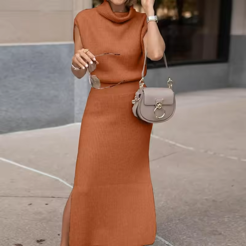 Cowl Neck Waisted Side Slit Midi Sweater Dress
