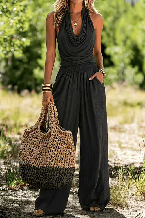 Karleedress Halter Cowl Neck Sleeveless Top Elastic Waist Wide Leg Pants Set