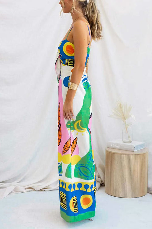 Karleedress Spaghetti Strap Cut Out Unique Print Wide Leg Jumpsuit
