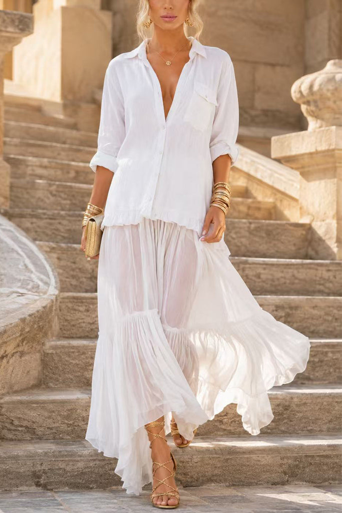 Karleedress Lapel Long Sleeves Organza Splice Ruffle Denim Maxi Dress
