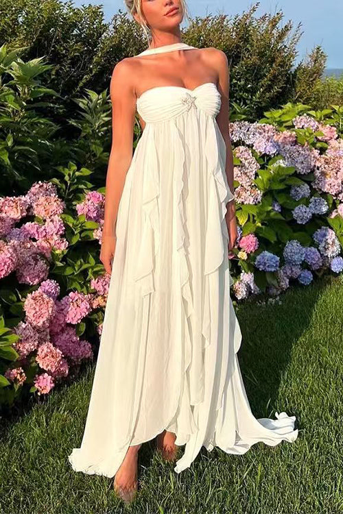 Karleedress Sleeveless Open Back Ruffle Trim Slit Maxi Dress
