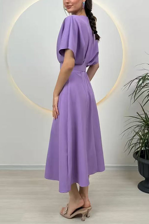 Karleedress Crewneck Short Sleeves Belted Slit Midi Dress