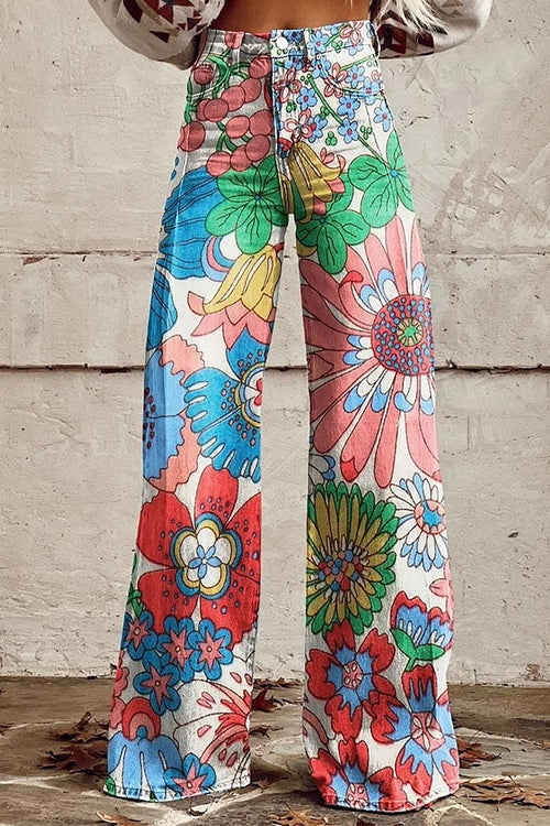 Karleedress Vintage Floral Print Wide Leg Pants