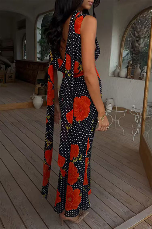 Karleedress Cowl Neck Backless Floral Print Maxi Dress with Scarf