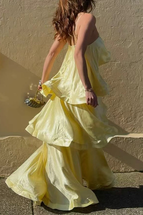 Karleedress Adjustable Strap Ruffle Layered Satin Maxi Dress