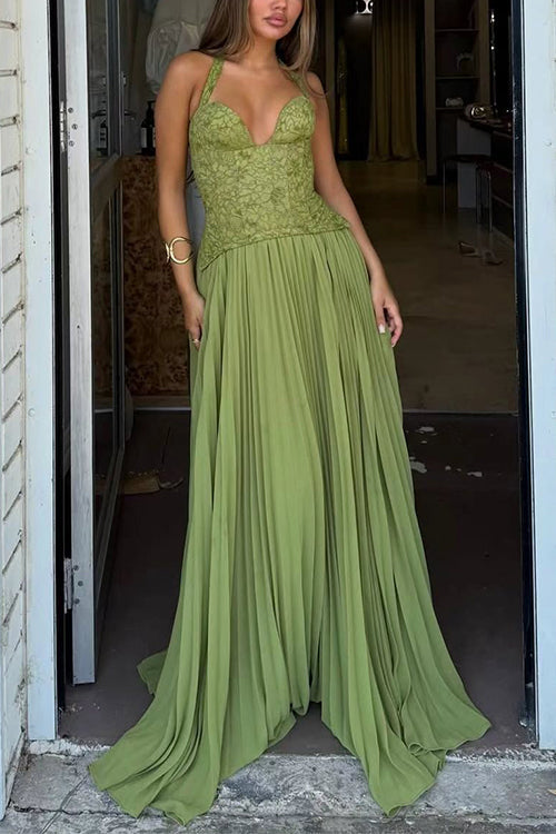 Karleedress Halter Neck Back Lace-up Pleated Maxi Dress