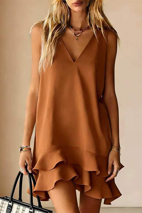Karleedress V Neck Sleeveless Ruffle Layered Mini Dress
