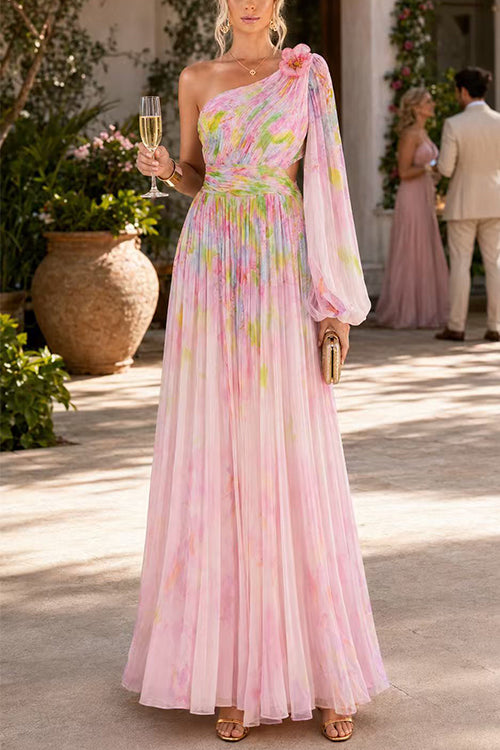 One Shoulder Puff Long Sleeve Cut Out Waist Printed Maxi Dress