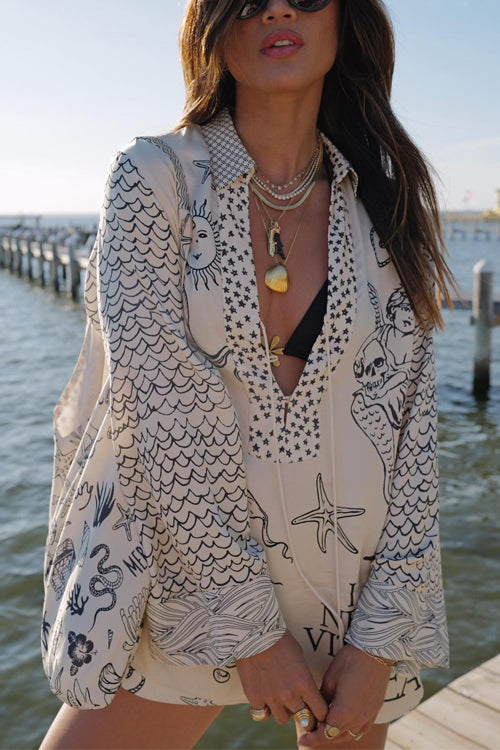 Karleedress Collared V Neck Shirt and Side Slit Shorts Vitamin Sea Print Set