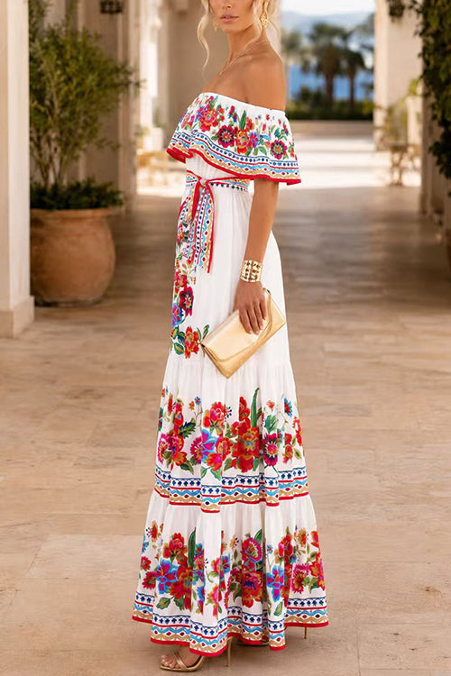 Karleedress Off Shoulder Floral Print Ruffle Maxi Dress