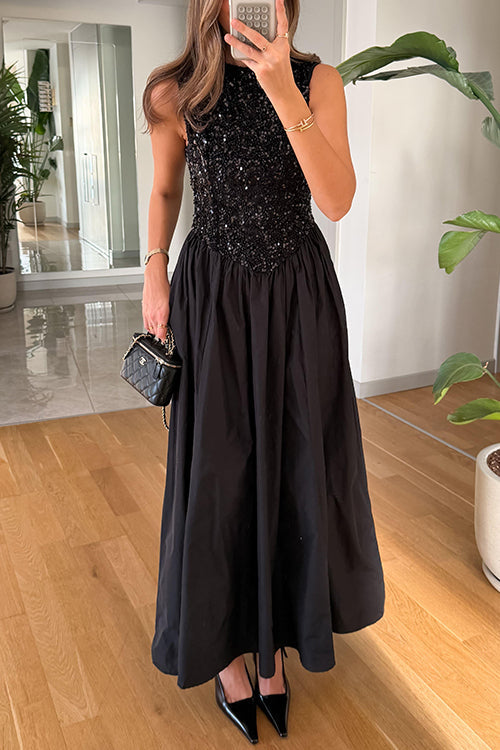 Karleedress Crewneck Sleeveless Glitter Sequin Splice Maxi Dress