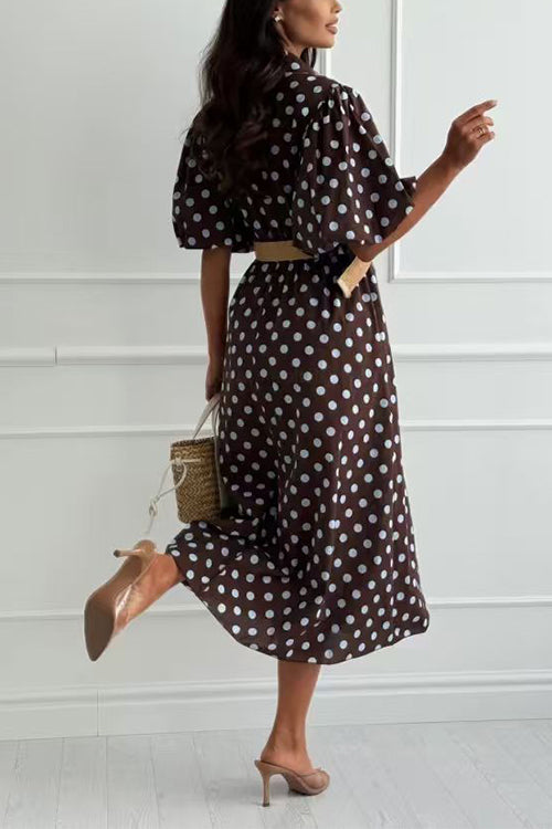 Collared Short Sleeves Button Up Polka Dot Midi Dress