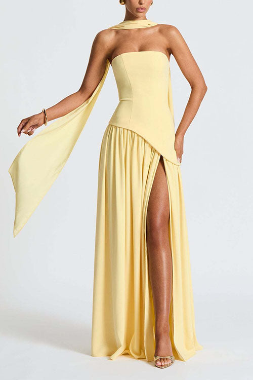 Karleedress Strapless Back Lace-up High Slit Splice Maxi Dress