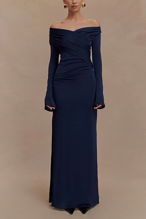 Off Shoulder Long Sleeves Ruched Solid Maxi Dress